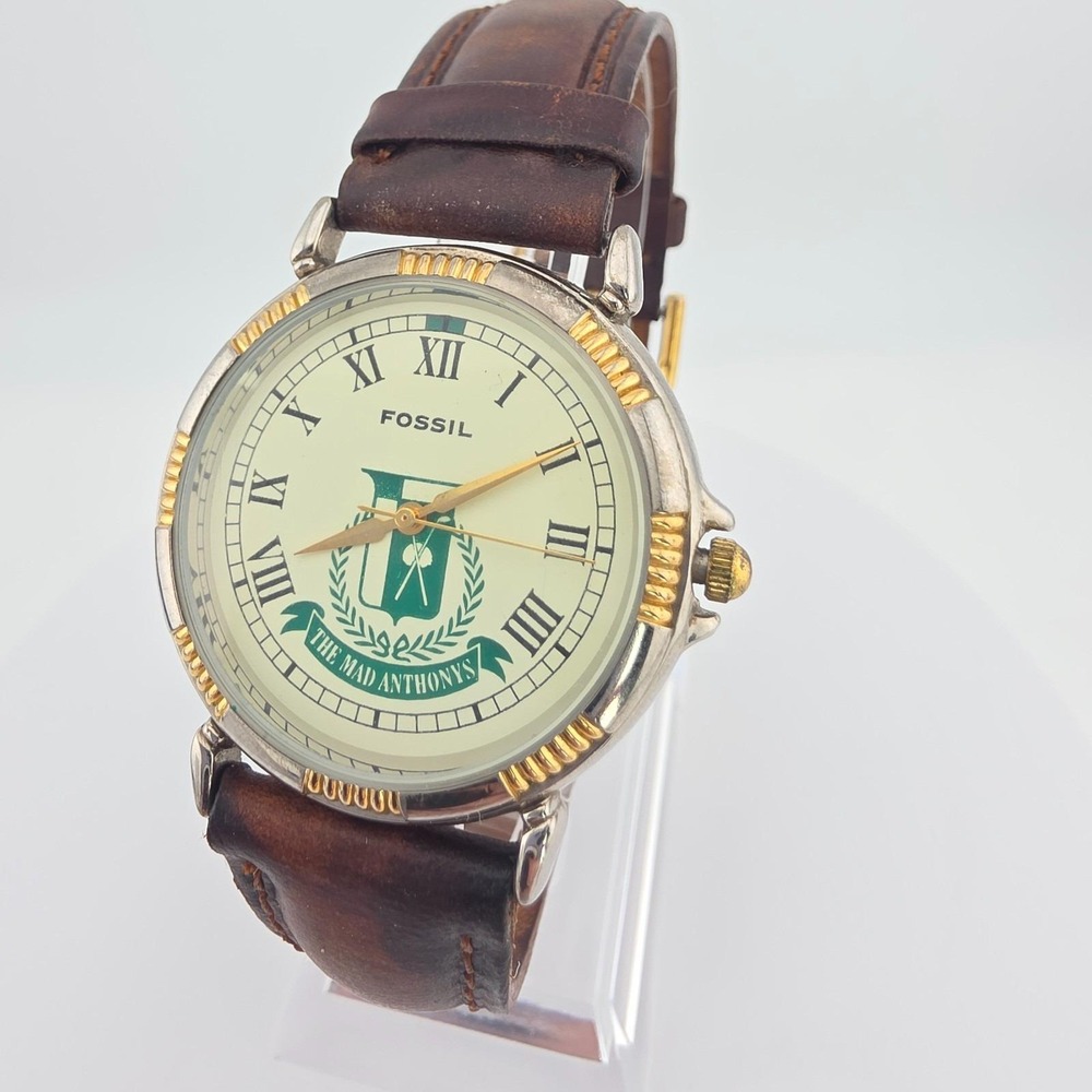 Vtg 1990s FOSSIL Watch The Mad Anthonys Golf Clubs Brown Leather Gold Plate 8"